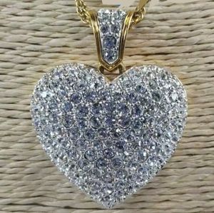 SWAROVSKI VTG GENUINE PUFFY PAVE HEART ON GOLD TONE CHAIN. OPERA LENGTH